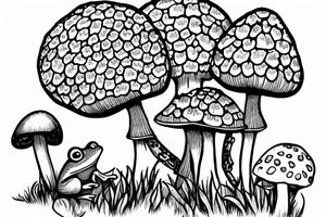frog on a mushroom with bee in background, also add daisy flowers tattoo idea