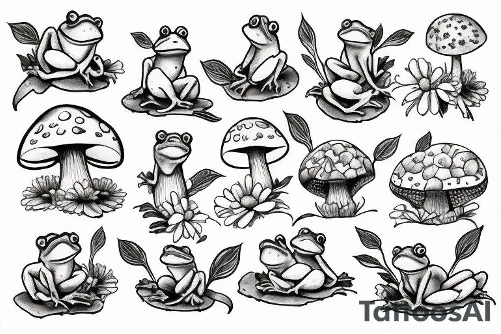 cute frog sitting on a big mushroom, surrounder with daisy flower and one bee tattoo idea