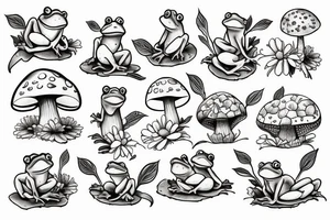 cute frog sitting on a big mushroom, surrounder with daisy flower and one bee tattoo idea