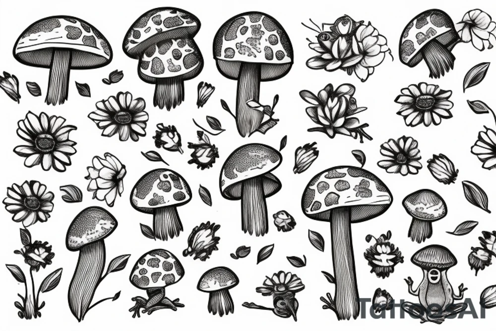 cute frog sitting on a big mushroom, surrounder with daisy flower and one bee tattoo idea