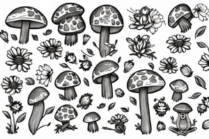 cute frog sitting on a big mushroom, surrounder with daisy flower and one bee tattoo idea