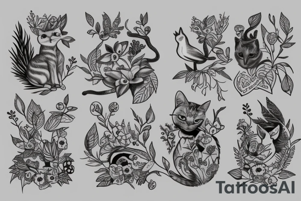 a grey cat with plants and two birds tattoo idea