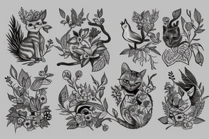 a grey cat with plants and two birds tattoo idea