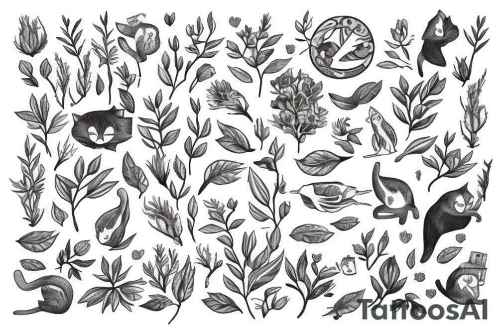 a grey cat with plants and two birds tattoo idea