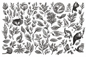 a grey cat with plants and two birds tattoo idea