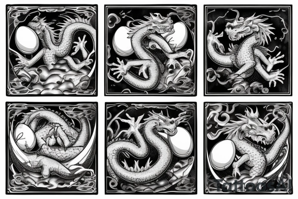 Sleeping dragon protecting four eggs with names tattoo idea