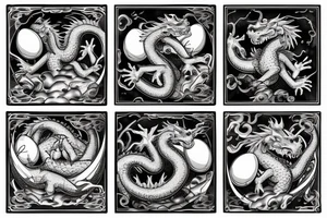 Sleeping dragon protecting four eggs with names tattoo idea