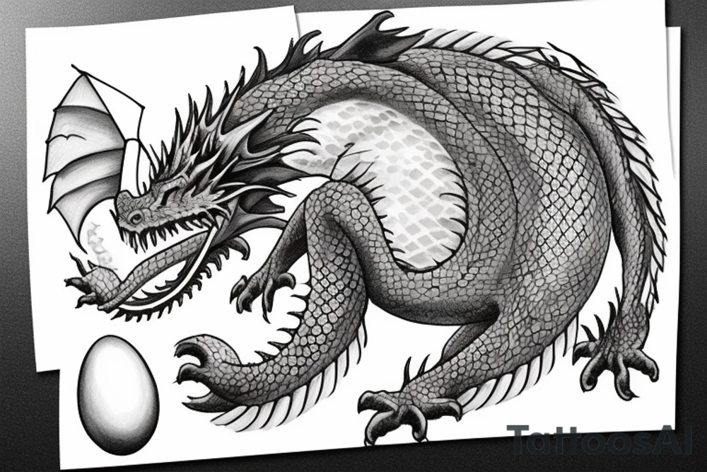 Sleeping dragon protecting four eggs with names tattoo idea