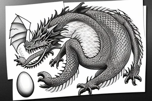 Sleeping dragon protecting four eggs with names tattoo idea