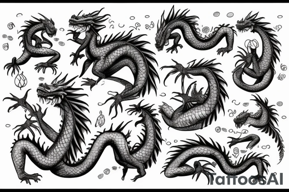 Sleeping dragon protecting four eggs with names tattoo idea