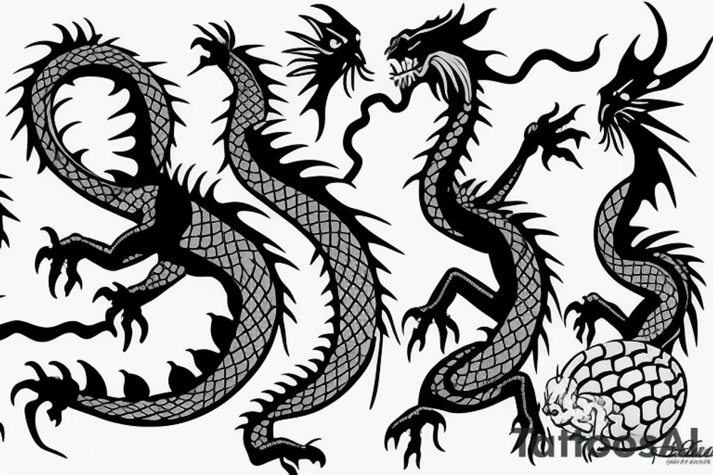 Sleeping dragon protecting four eggs with names tattoo idea
