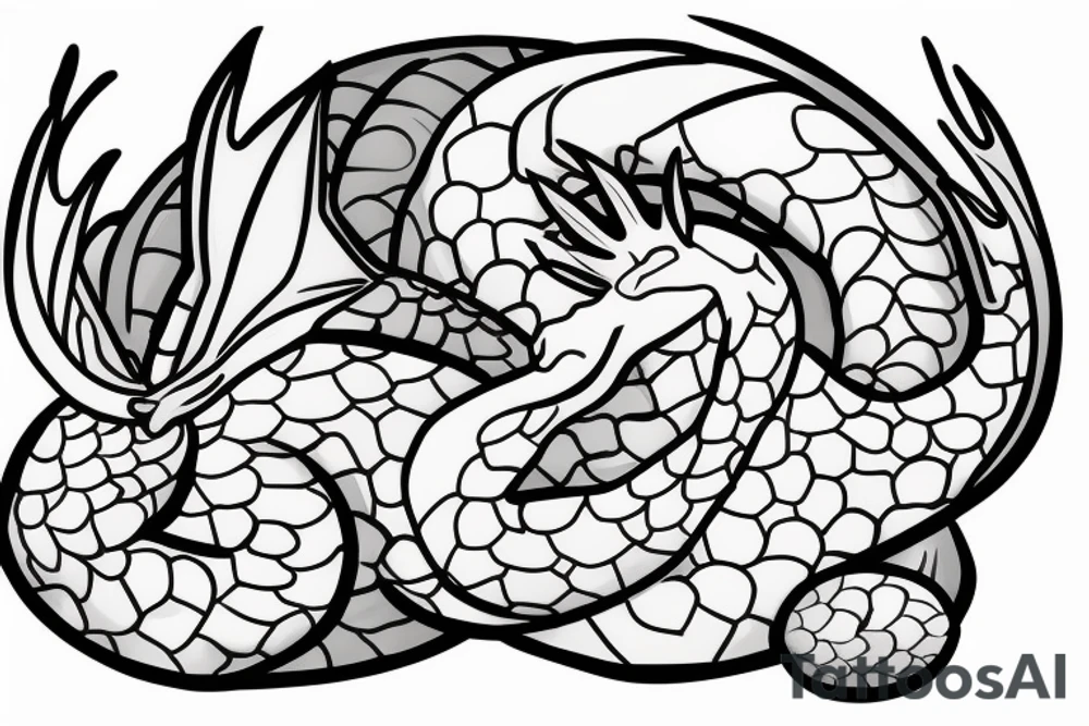 Sleeping dragon protecting four eggs with names tattoo idea