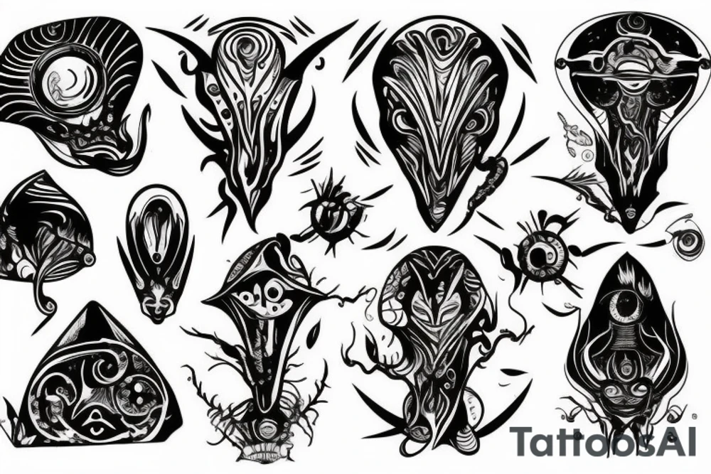 Alien and psychedelic spaceship tattoo idea