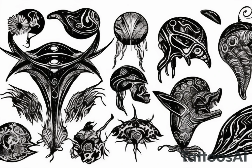 Alien and psychedelic spaceship tattoo idea