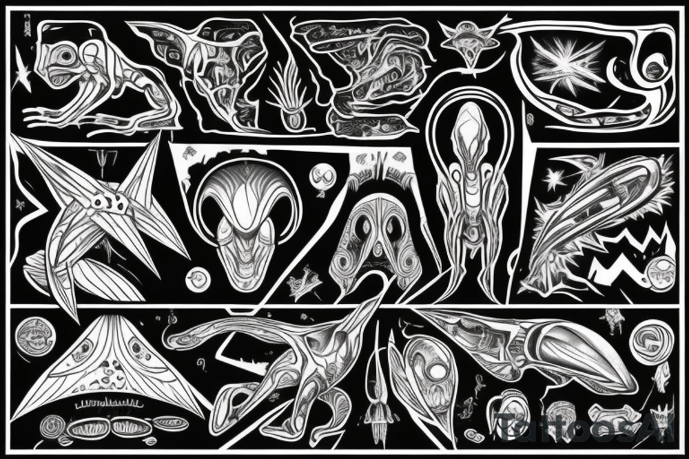 Alien and psychedelic spaceship tattoo idea