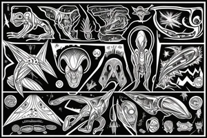 Alien and psychedelic spaceship tattoo idea