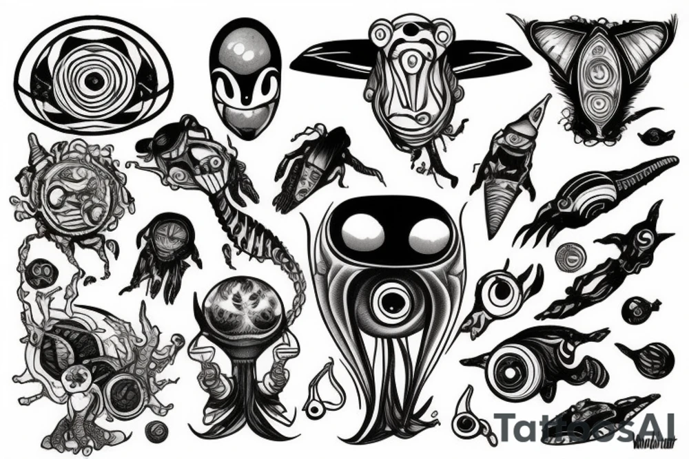 Alien and psychedelic spaceship tattoo idea