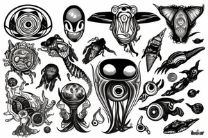 Alien and psychedelic spaceship tattoo idea