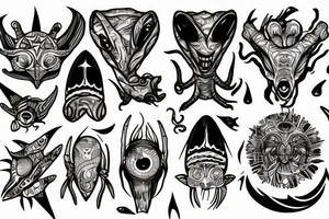 Alien and psychedelic spaceship tattoo idea