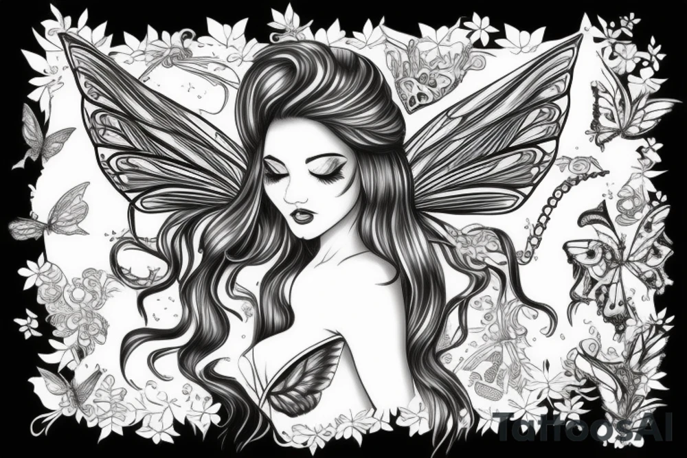 fairy with long floating hair, wings like butterfly and curvy body tattoo idea
