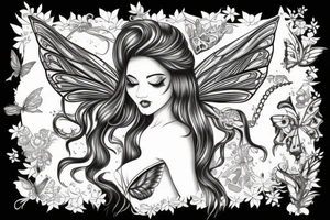 fairy with long floating hair, wings like butterfly and curvy body tattoo idea