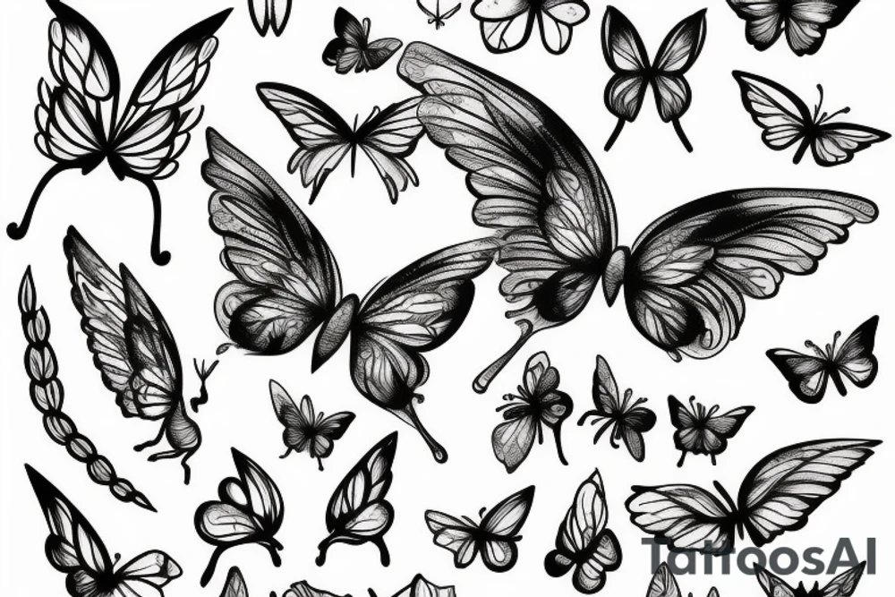 fairy with long floating hair, wings like butterfly and curvy body tattoo idea
