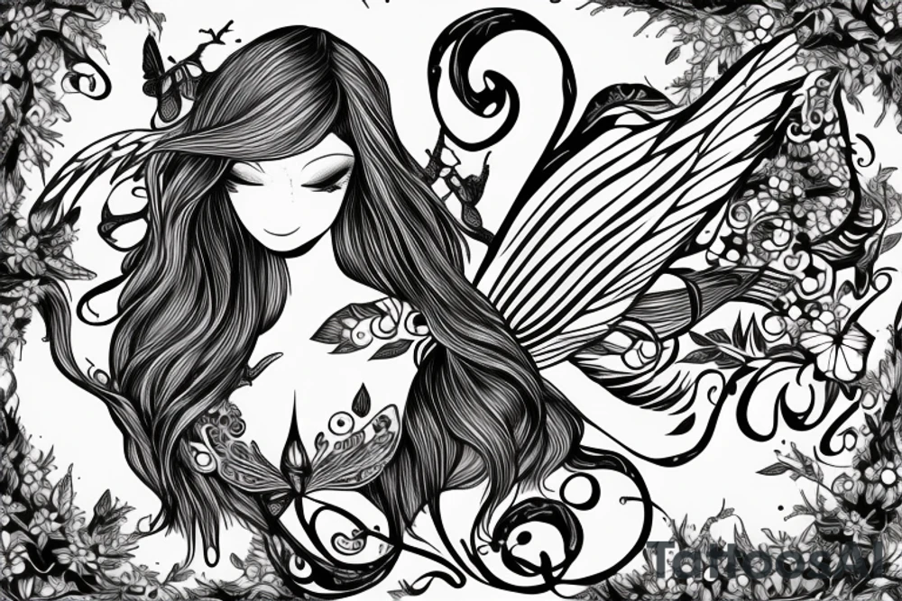 fairy with long floating hair, wings like butterfly and curvy body tattoo idea