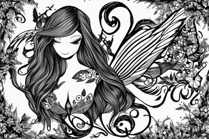 fairy with long floating hair, wings like butterfly and curvy body tattoo idea