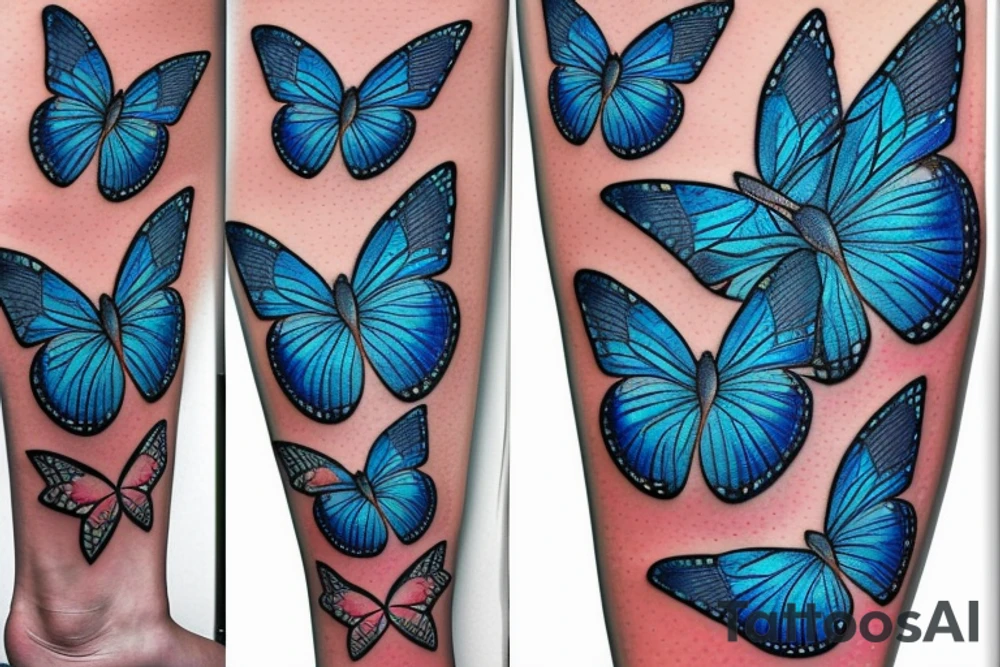 blue butterflies going up the leg tattoo idea