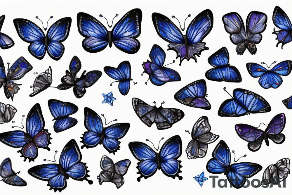 blue butterflies  flying with stars and swirls tattoo idea