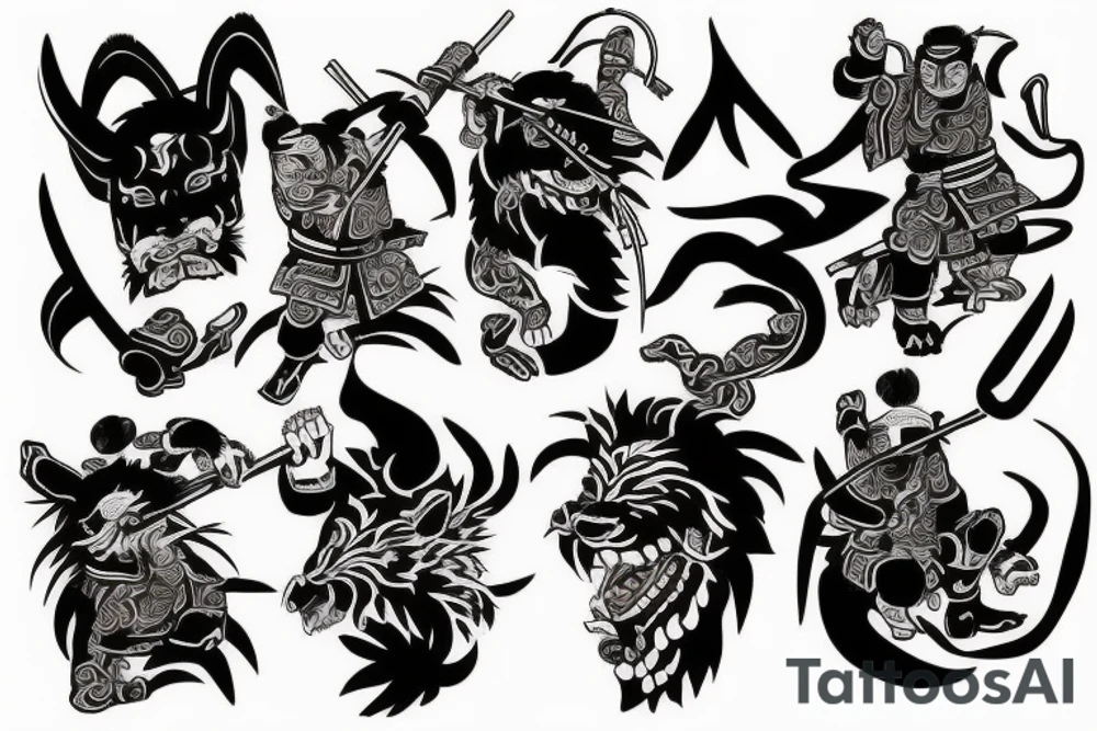 Traditional Japanese samurai fighting tiger tattoo idea