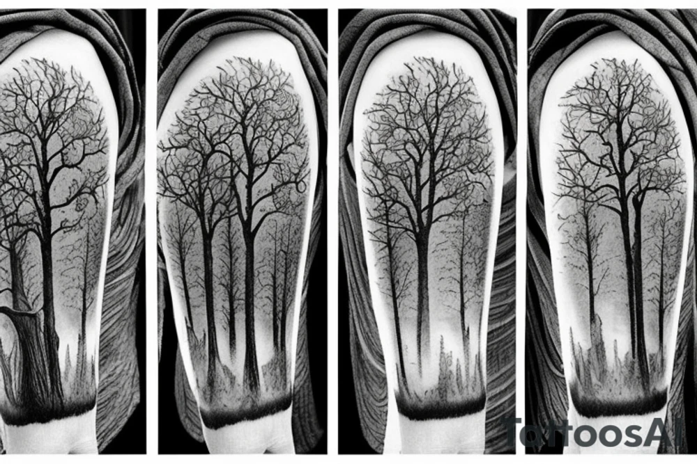 Ominous wood hut warrior trees forest mountain rainfall tattoo idea