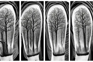 Ominous wood hut warrior trees forest mountain rainfall tattoo idea