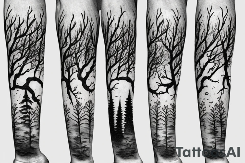 Ominous wood hut warrior trees forest mountain rainfall tattoo idea