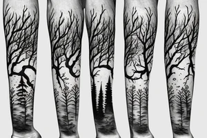 Ominous wood hut warrior trees forest mountain rainfall tattoo idea