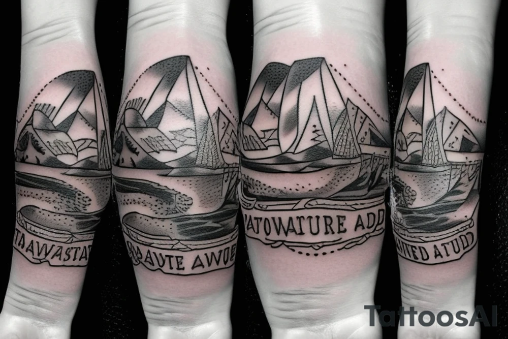 Travel snow globe tattoo for adventurers with text saying “adventure awaits” tattoo idea