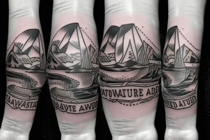 Travel snow globe tattoo for adventurers with text saying “adventure awaits” tattoo idea