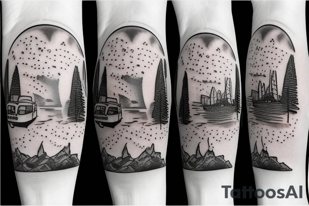 Travel snow globe tattoo for adventurers with text saying “adventure awaits” tattoo idea