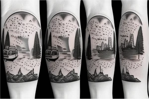 Travel snow globe tattoo for adventurers with text saying “adventure awaits” tattoo idea
