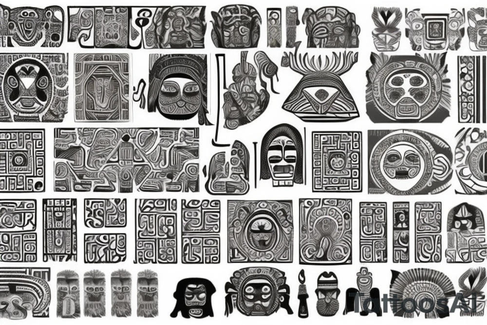 Combine the designs of prehispanic mexican art (aztecs, mayans) and the arabic art. tattoo idea