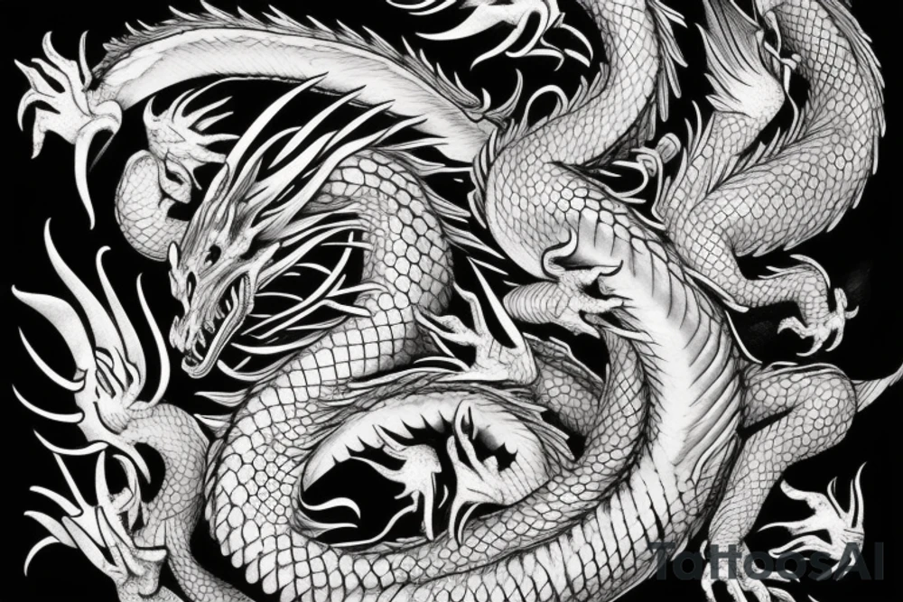 dragon, realist, jakuza, black and white tattoo idea