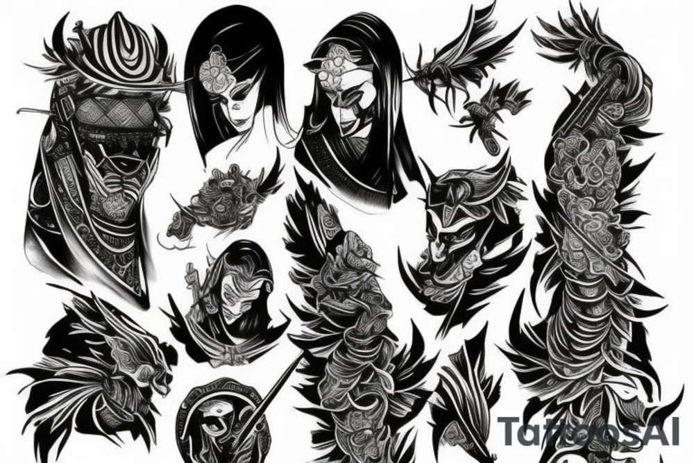 Black and white ronin traveling in mist tattoo idea