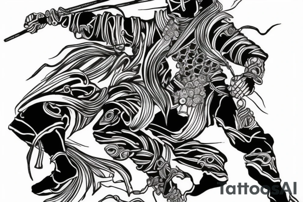 Black and white ronin traveling in mist tattoo idea