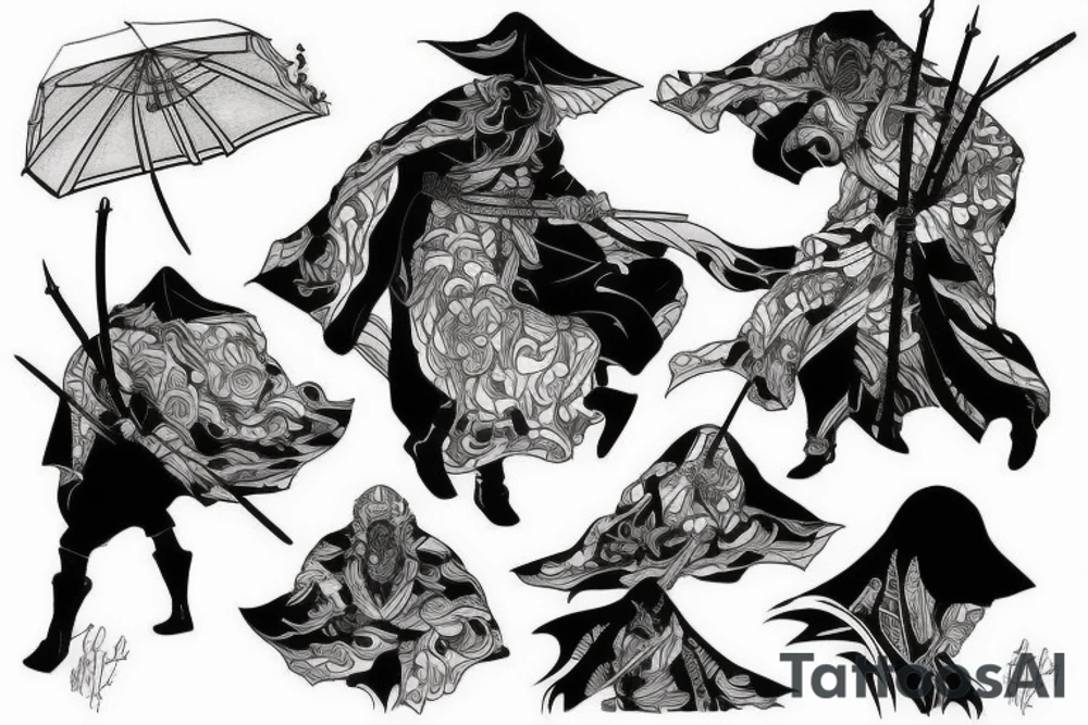 Black and white ronin walking
in mist tattoo idea