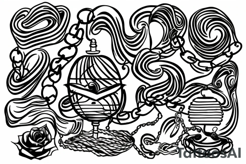 Hourglass with chains around them, with waves and sand inside tattoo idea