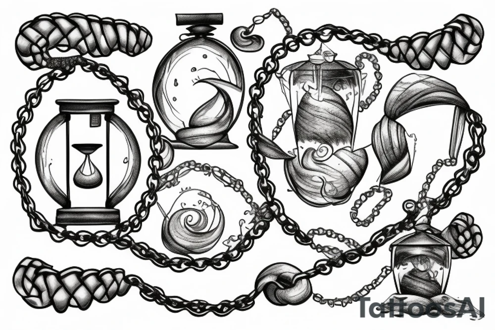 Hourglass with chains around them, with waves and sand inside tattoo idea