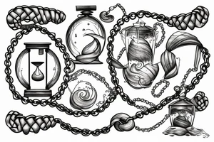 Hourglass with chains around them, with waves and sand inside tattoo idea