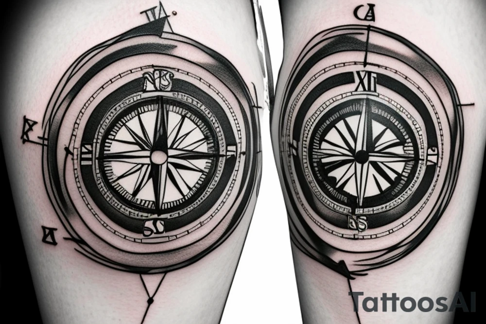 clock mixed with a compass inside of a heart tattoo idea