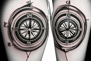 clock mixed with a compass inside of a heart tattoo idea