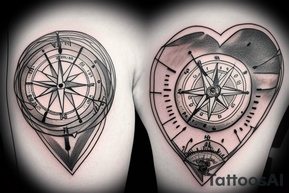clock mixed with a compass inside of a heart tattoo idea